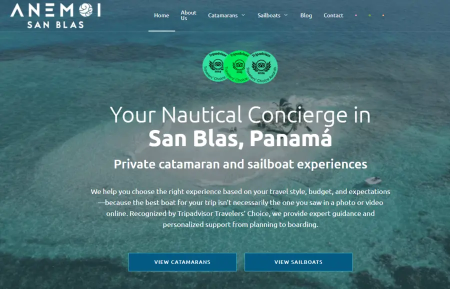 Página inicial multilíngue do site Anemoi San Blas
