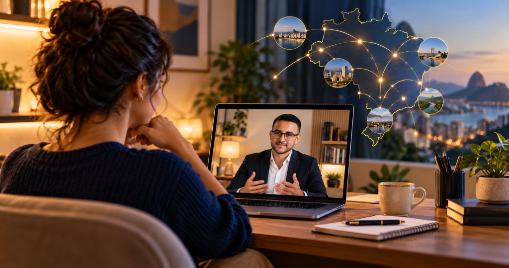 Pessoa realizando atendimento psicológico online por videochamada com psicólogo